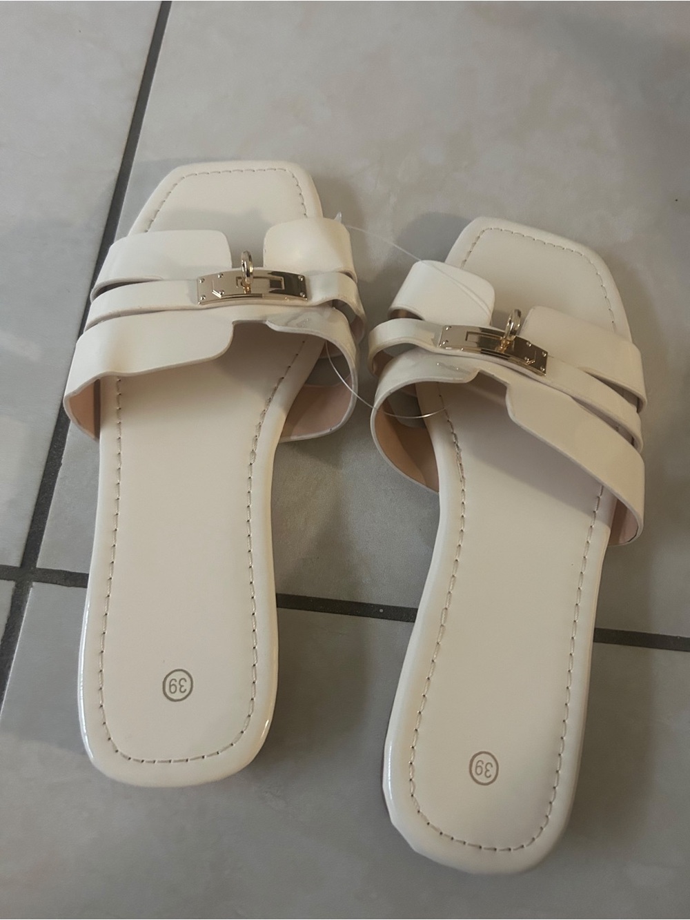 White Women's Slide Sandals with Gold Accent